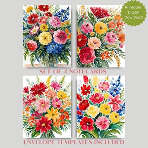 Ensemble de cartes de correspondance de bouquets de fleurs aquarelles colorées, cartes vierges imprimables avec modèles d'enveloppes, cadeau en téléchargement numérique pour les amateurs de fleurs