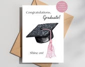 Sparkly Glam Graduation Card: Printable Congrats Grad Card with Chic Pink Tassel (Instant Download)