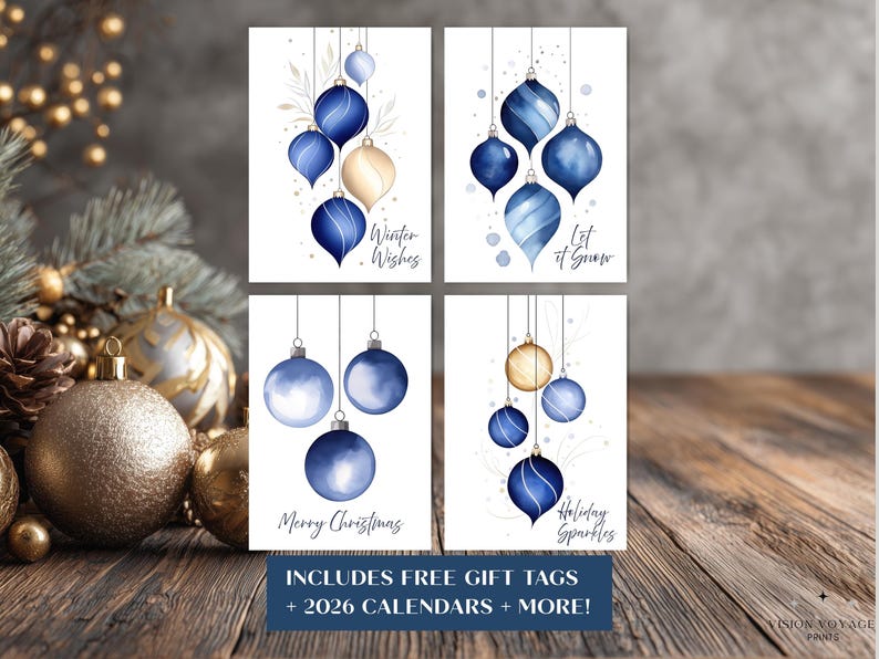 Printable Modern Christmas Cards Set – Minimalist Holiday Art Blue ...
