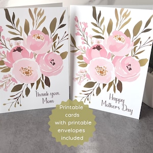 Lot de 2 cartes imprimables pour la fête des mères, voeux floraux aquarelles roses « Bonne fête des mères » et « Merci maman » à offrir