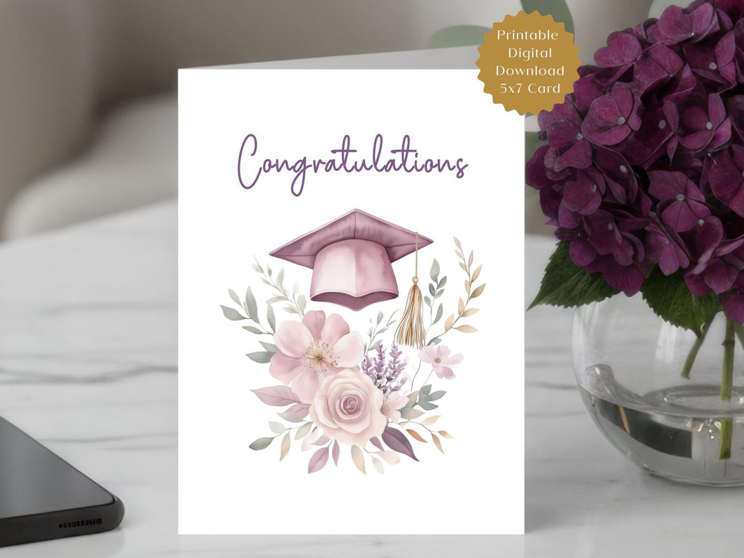 Floral Graduation Card: Printable 5x7 Congrats Graduate Card With Pink ...