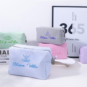 Personalized Embroidered Seersucker Makeup Bag,Yoga Cosmetic Organizer,Bridesmaid Gift,Mother’s Day Gift,Travel Essentials,Monogram Pouch
