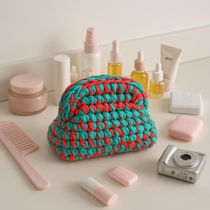 Handmade Crochet Cosmetic Bag | Boho Eco-Friendly Makeup Pouch | Blue & Pink Toiletry Organizer | Gift for Her | Travel Pouch | Boho Style