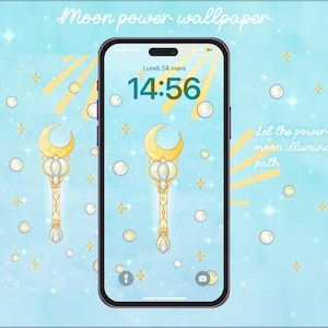 Kawaii Wallpaper - Magical Phone Background  - Cute Fantasy Art - Wand - Aesthetic Pastel - Moon - Power - yellow - magic world