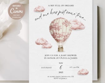 Hot Air Balloon Baby Shower Invitation | Pink Clouds Baby Girl (Editable Canva Template)