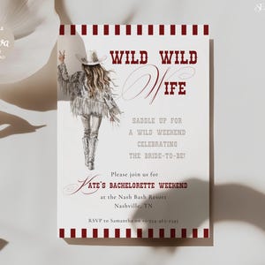 Invitación e itinerario para la despedida de soltera "Wild Wild Wife" / Fin de semana de despedida de soltera al estilo vaquero del oeste / Último rodeo (Plantilla editable de Canva)
