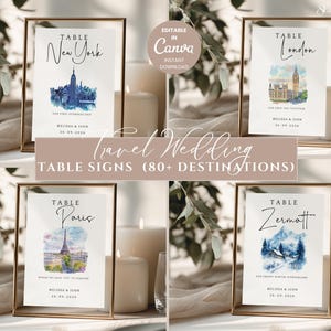 Travel Wedding Table Signs | Destination Watercolor Table Numbers | Personalized Photo Option (Editable Canva Template)