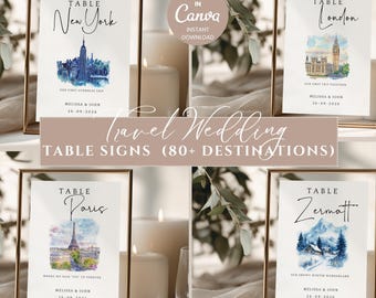 Travel Wedding Table Signs | Destination Watercolor Table Numbers | Personalized Photo Option (Editable Canva Template)