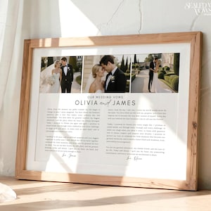 May include: A framed wedding vow print featuring three horizontal photographs of a couple in formal attire. The text reads OUR WEDDING VOWS, OLIVIA and JAMES, followed by two columns of written vows and signatures in a clean, black serif font.