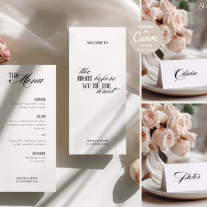 May include: Elegant wedding stationery set featuring a menu, welcome sign, and place cards. The menu lists the entree, main course, and dessert. The welcome sign reads "The Night Before We Tie the Knot." Place cards display names.