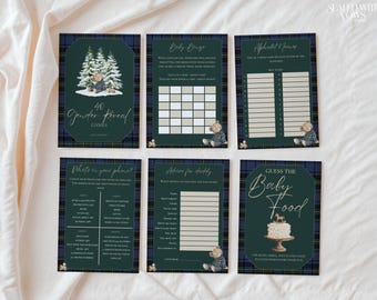Classic Preppy Baby Shower Games Bundle | Teddy Bear Plaid Baby Shower Games | Blue Green Neutral Shower Games (Editable Canva Template)