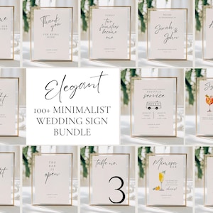 Könnte beinhalten: Eine Sammlung minimalistischer Hochzeitsschilder mit goldenen Rahmen. Die Schilder zeigen elegante Kalligraphie und enthalten Sätze wie "Willkommen", "Danke" und "Signature Drinks". Das Bundle ist mit "100+ Minimalist Wedding Sign Bundle" beschriftet.