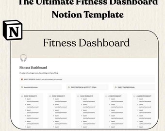 Alcance seus objetivos de saúde e condicionamento físico com o modelo de painel de condicionamento físico definitivo Notion, rastreador de exercícios, planejador de refeições semanais e rastreador de hábitos.