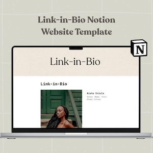 以下が含まれることがあります： シルバーのラップトップには、「Link-in-Bio Notion Website Template」というテキストが表示されたウェブサイトテンプレートが表示されています。 ウェブサイトには「Link-in-Bio」という文字と女性の写真が表示されています。 白と黒の「N」ロゴが右上隅にあります。
