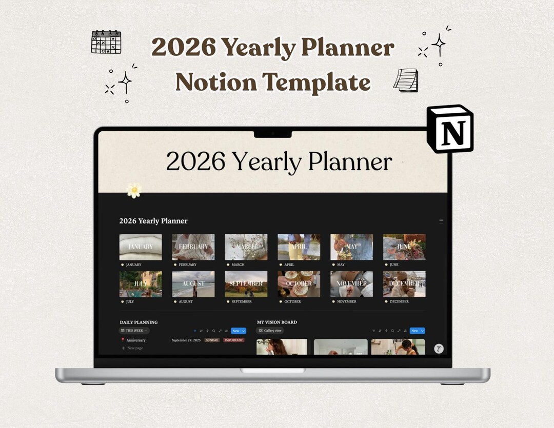 2026 Yearly Life Planner Vision Board Notion Template Monthly Weekly ...