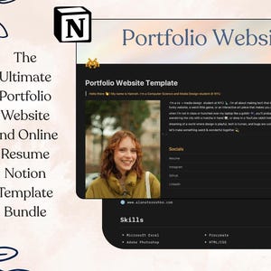 Puede incluir: Una plantilla de sitio web de portafolio digital con el texto "Portfolio Website" y "The Ultimate Portfolio Website and Online Resume Notion Template Bundle." La plantilla incluye una foto y enlaces a redes sociales.