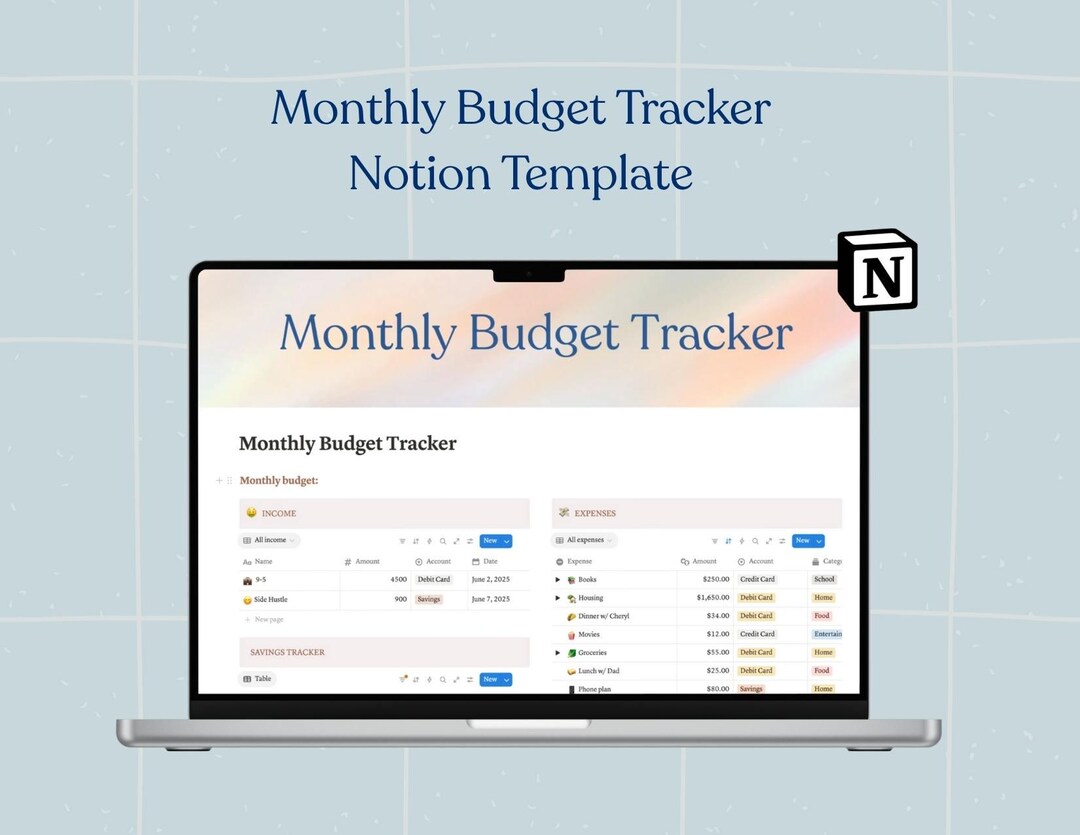 Monthly Budget Planner Tracker Notion Template Income Expenses Savings ...