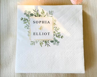Greenery Wedding Personalized Napkins, Elegant Floral Party