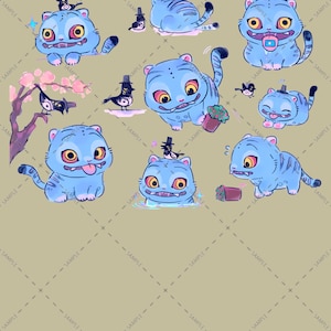 May include: A collection of cartoon illustrations featuring blue tiger-like creatures with large yellow eyes and various expressions. Some have small black birds wearing top hats perched on their heads. The background is a light tan color.