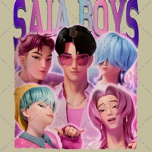 May include: A digital illustration featuring five stylized figures with vibrant hair colors and fashionable attire. The text "SAIA BOYS" is displayed in a retro font above the figures. The color palette includes pink, purple, and blue hues, with lightning bolt accents.