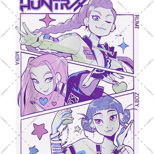 Puede incluir: Ilustración gráfica de estilo manga con tres personajes. En la parte superior se lee "HUNTRX" y aparece Rumi. En el panel central está Mira, y en el inferior Zoey. La paleta de colores incluye morado, blanco y azul, con estrellas decorativas.