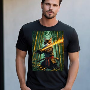 Fierce Samurai Cat Tee - Unisex Graphic T-Shirt, Cute Cat Shirt, Gift for Cat Lovers, Anime Aesthetic Tee, Unique Art Apparel