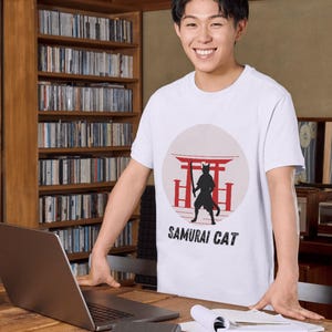 Samurai Cat Unisex Jersey Tee, Cool Cat Shirt, Gift for Cat Lovers, Anime Tee, Unique Graphic Tee, Casual Wear
