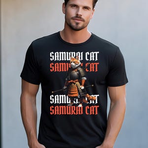 Samurai Katze Grafik T-Shirt, Katzen Liebhaber Geschenk, Unisex Kurzarm Shirt, lustiges Haustier T-Shirt, Tier Themed Kleidung, niedliche Freizeitkleidung