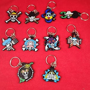 May include: A collection of novelty keychains featuring skull designs with various accessories and colors. Each keychain has a silver ring and a detailed, colorful skull emblem. The keychains are displayed against a red background.