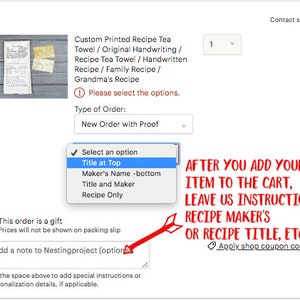 May include: Screenshot of an Etsy listing for a custom printed recipe tea towel. Options include "Title at Top," "Maker's Name -bottom," and "Recipe Only." Instructions are provided to add notes about the recipe maker or title.