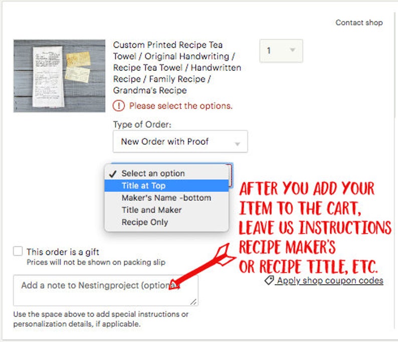 May include: Screenshot of an Etsy listing for a custom printed recipe tea towel. Options include "Title at Top," "Maker's Name -bottom," and "Recipe Only." Instructions are provided to add notes about the recipe maker or title.