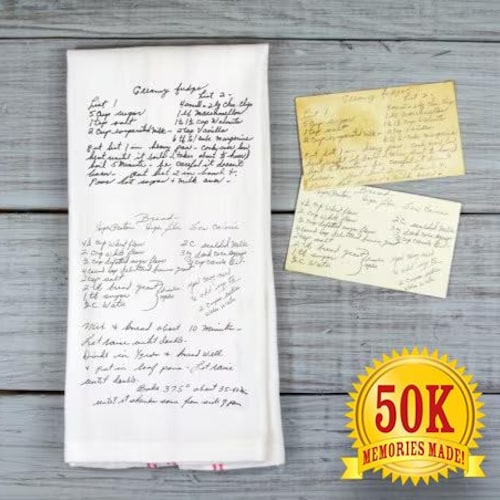 Linge à vaisselle recette manuscrite / Écriture originale / Sac de farine / Recette de famille / Recette de grand-mère