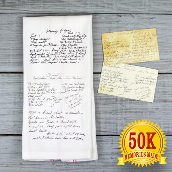 Paño de cocina con receta manuscrita / Escritura original / Saco de harina / Receta familiar / Receta de la abuela