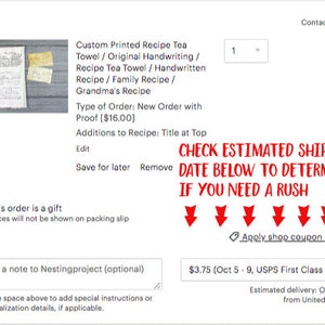 May include: An Etsy listing for a custom printed recipe tea towel. The listing includes a photo of the tea towel with handwritten recipes and order details. The text includes "Custom Printed Recipe Tea Towel" and "Grandma's Recipe".