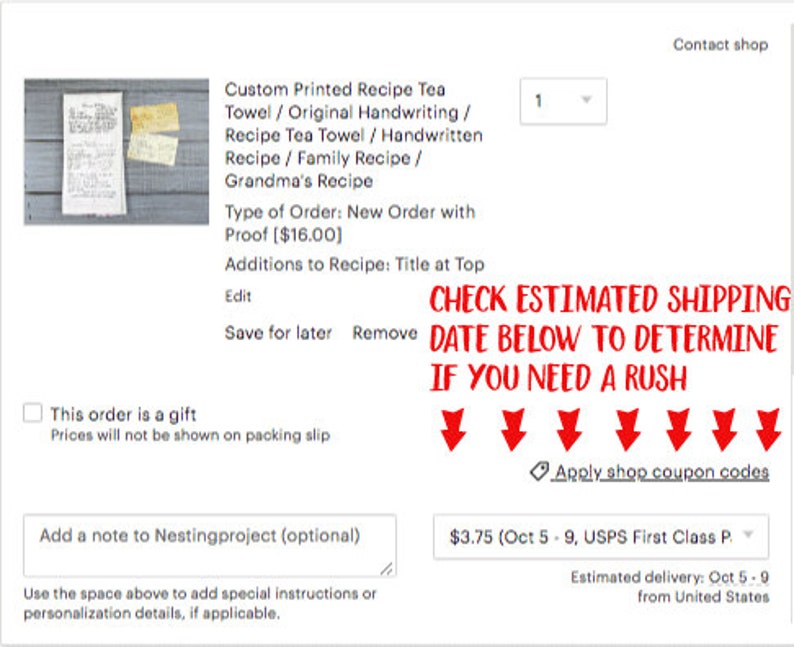May include: An Etsy listing for a custom printed recipe tea towel. The listing includes a photo of the tea towel with handwritten recipes and order details. The text includes "Custom Printed Recipe Tea Towel" and "Grandma's Recipe".