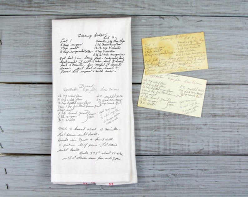 Custom Printed Recipe Tea Towel \/ Original Handwriting \/ Recipe Tea Towel \/ Handwritten Recipe \/ Family Recipe \/ Grandma's Recipe