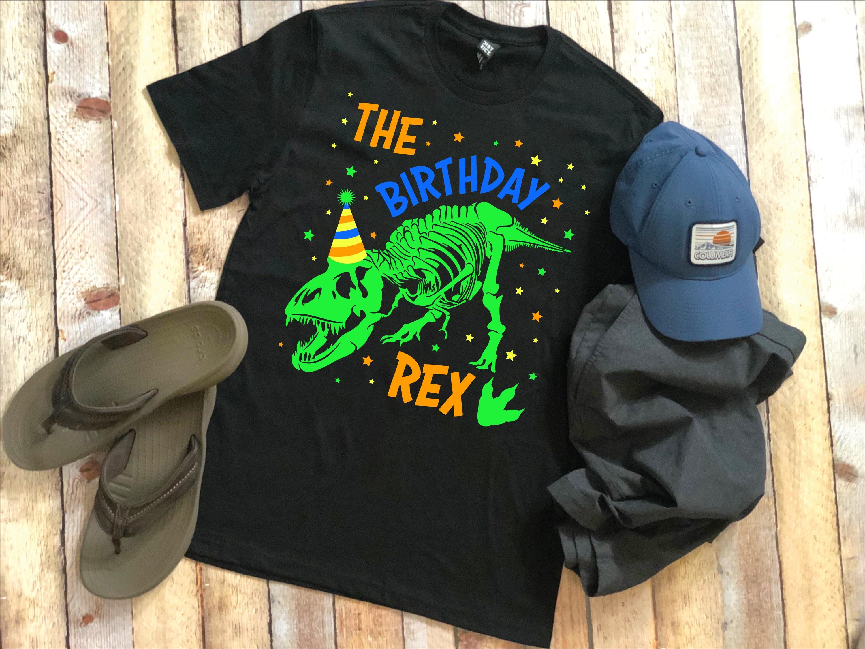 Birthday T-Rex Dinosaur Personalized Name Shirt, Short Sleeve Family Birthday Shirt, Personalized Neon or Pastel Shirt Youth and Adult
