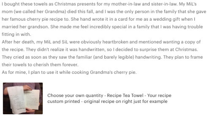 May include: White tea towel with handwritten recipe. The text "Choose your own quantity - Recipe Tea Towel - Your recipe custom printed - original recipe on right just for example" is visible. A unique kitchen accessory.