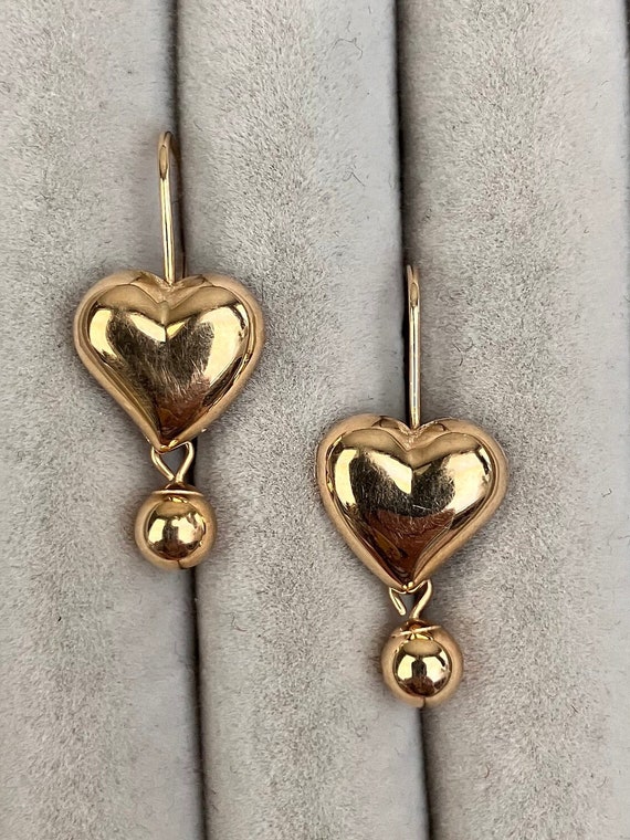 Cute 14k Gold heart dangle lever back earrings