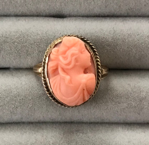 Lovely Antique Edwardian Carved Coral Cameo 14k G… - image 4