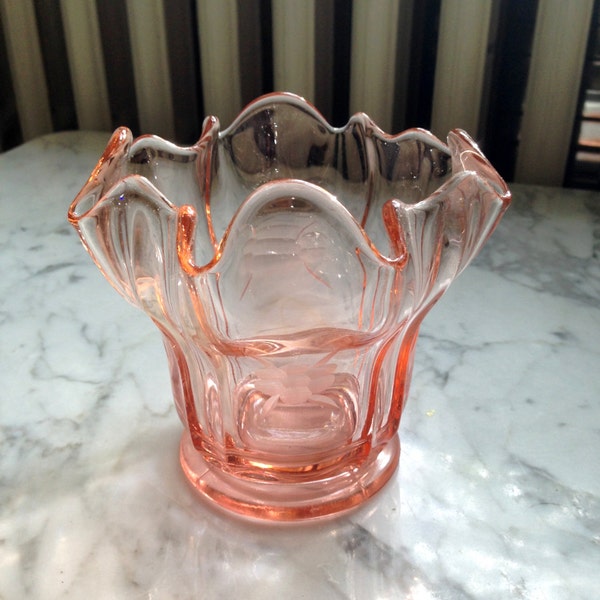 SALE Vintage Pink Glass Etched Flower Vase Depression Glass.