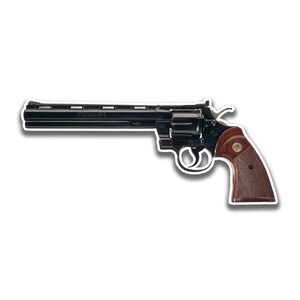 May include: A black revolver with a long barrel and a wooden grip. The gun is set against a white background. The text "PYTHON" is visible on the barrel.