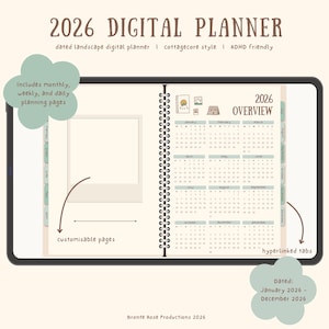 May include: A 2026 digital planner in a cottagecore style, designed for ADHD users, shown on a tablet. It includes monthly, weekly, and daily planning pages, with customisable pages and hyperlinked tabs. The planner covers January to December 2026.