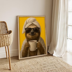 Afdrukbare muurkunst, luiaard koffie drinken maximalist olieverfschilderij, dopamine-eetkamer, kleurrijke trendy keuken, levendige ochtendposter