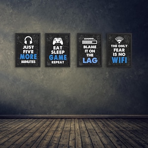 Gamer Wall Art, Digital Download, Game Room Decor, Set of 4 PNG Prints, Funny Gaming Quotes, Teen Boy Room, Instant Download