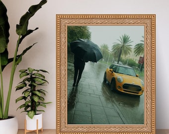 Rainy Day Photography Print: Yellow Mini Cooper, Black Umbrella (Digital Download)