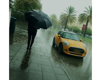 Rainy Street Photography Print, Yellow Car Wall Art, Moody Urban Fine Art Poster, Modern Square Photo Decor