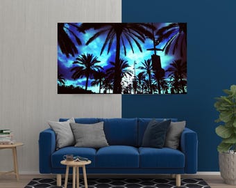 Moody Teal Palm Tree Print: Coastal Dusk Silhouette Wall Art