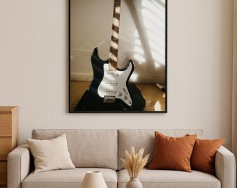 Sunlit Electric Guitar Print: Black Strat, Music Lover Decor (Digital Download)