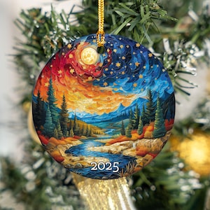 2025 Christmas Ornament, Holiday Tree Ornament, Nature Winter Decor, Scenic Mountain Gift, Ceramic Round Xmas Ornament